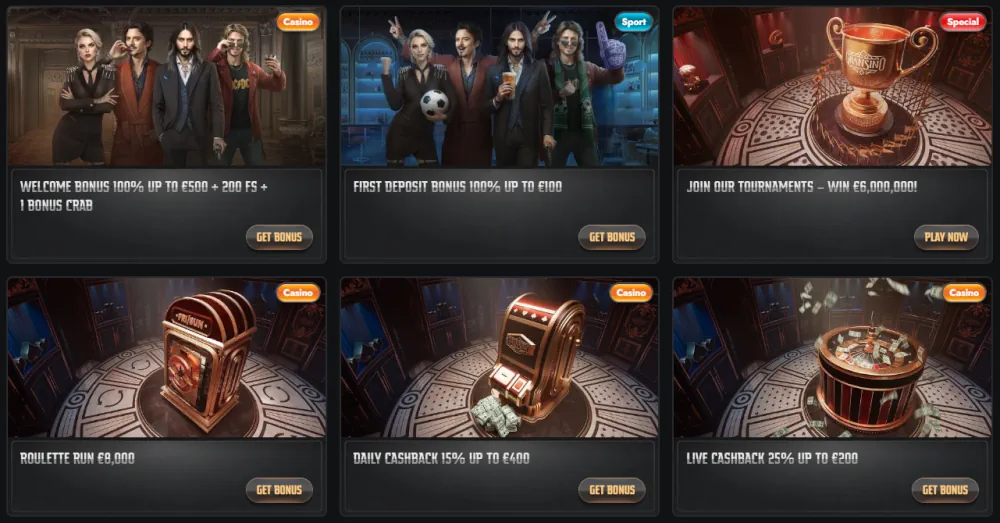 Paquete de bienvenida Gransino y azulejos promocionales de torneo de casino.